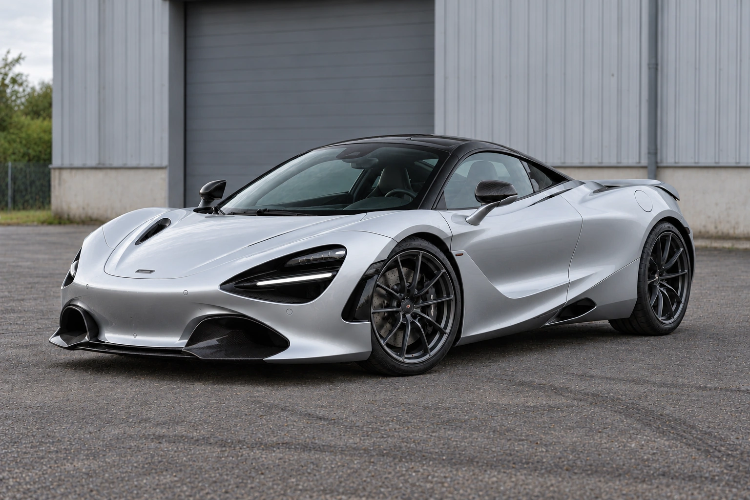McLaren argent devant une façade d’atelier